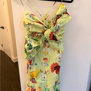 Farm Rio  Green Holiday Cocktail Print Tie back  Dress